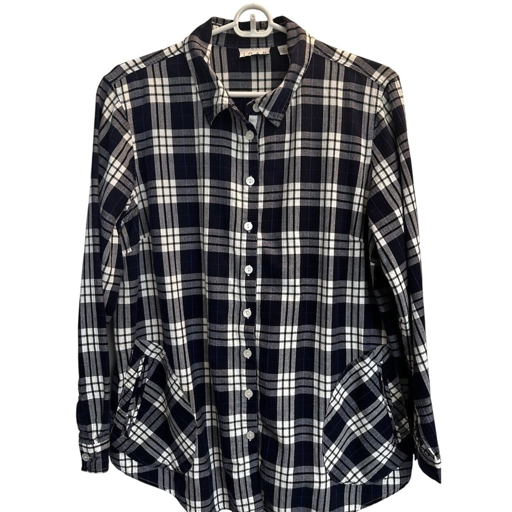 Joan Rivers Navy Blue White Plaid Button Front Shirt Cotton Back Button Detail L
